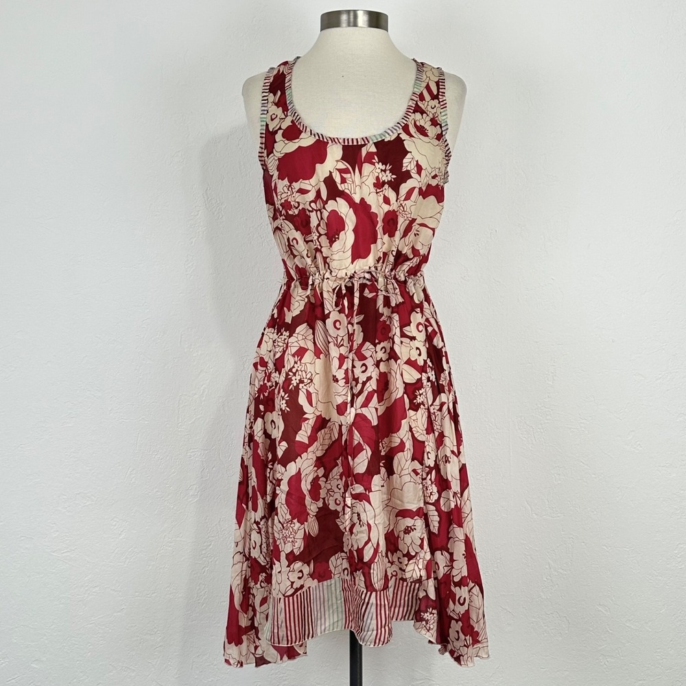 Johnny Was Boho Resort Travel Silk Dress Size Medium Red Cream Floral Tie Waist